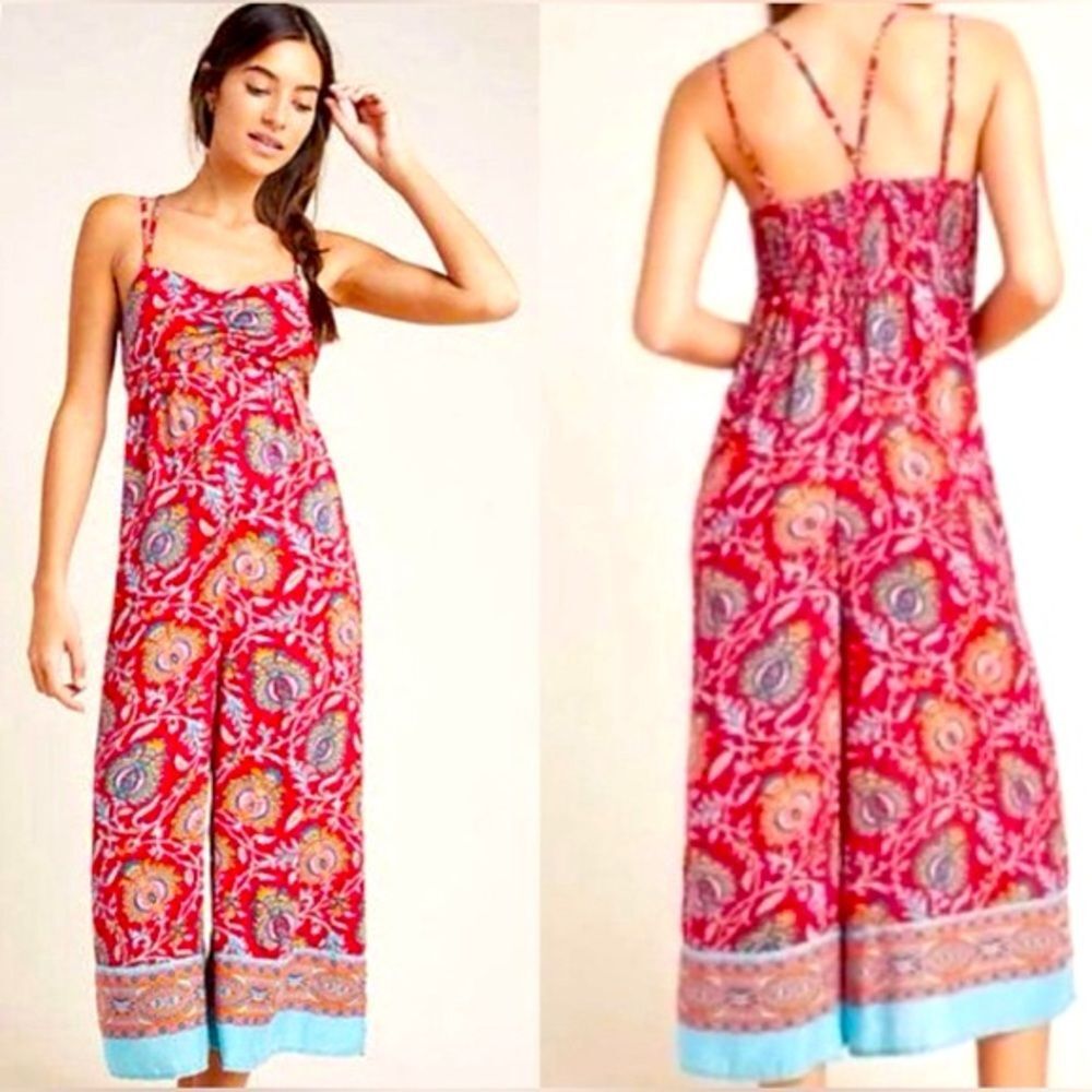 Anthropologie Jumpsuit Size Small Red Sweetheart Neckline Empire Waist Boho